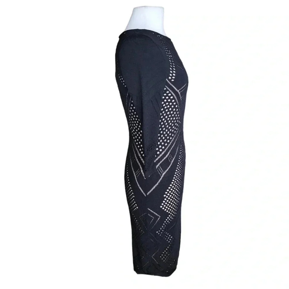Calvin Klein black laser cut bodycon dress round neck 3/4 sleeves excellent S - Picture 4 of 9